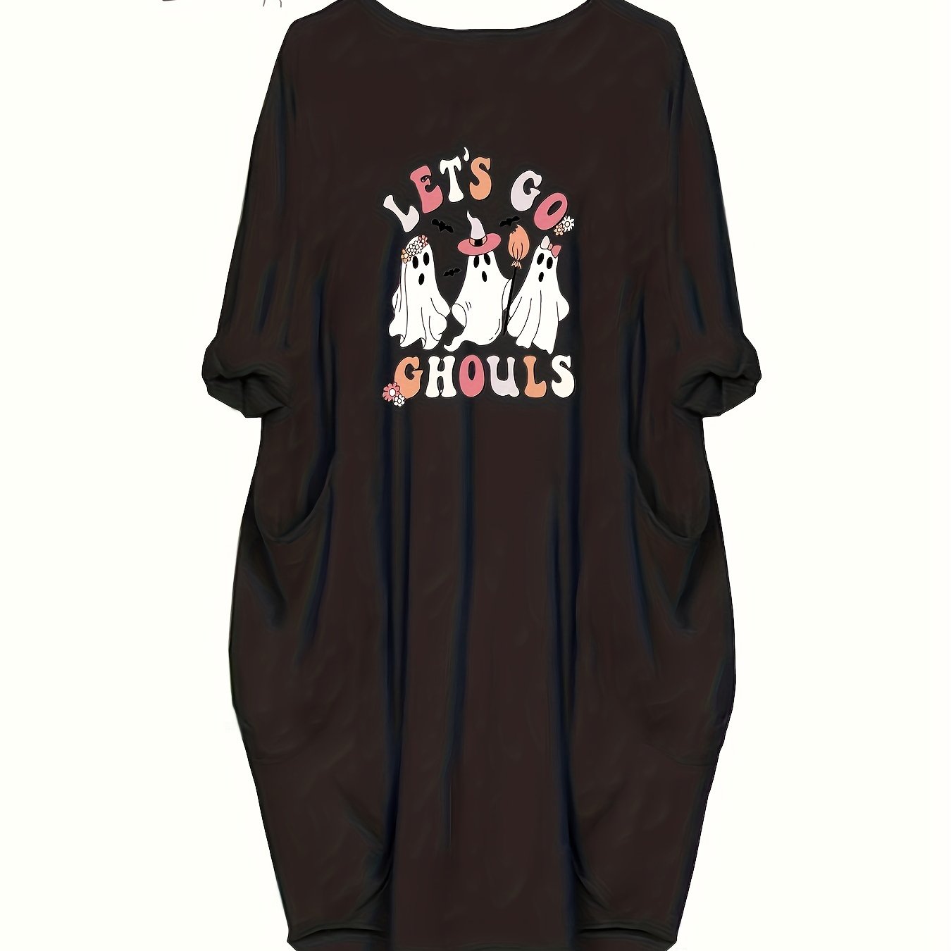  Halloween Dress Women's Plus Ghost Print Long Sleeve Round Neck Dress