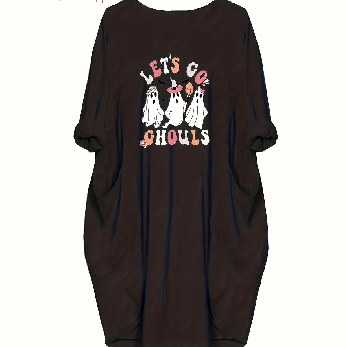  Halloween Dress Women's Plus Ghost Print Long Sleeve Round Neck Dress