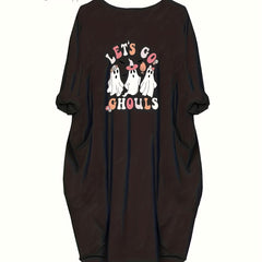 Halloween Dress Women's Plus Ghost Print Long Sleeve Round Neck Dress
