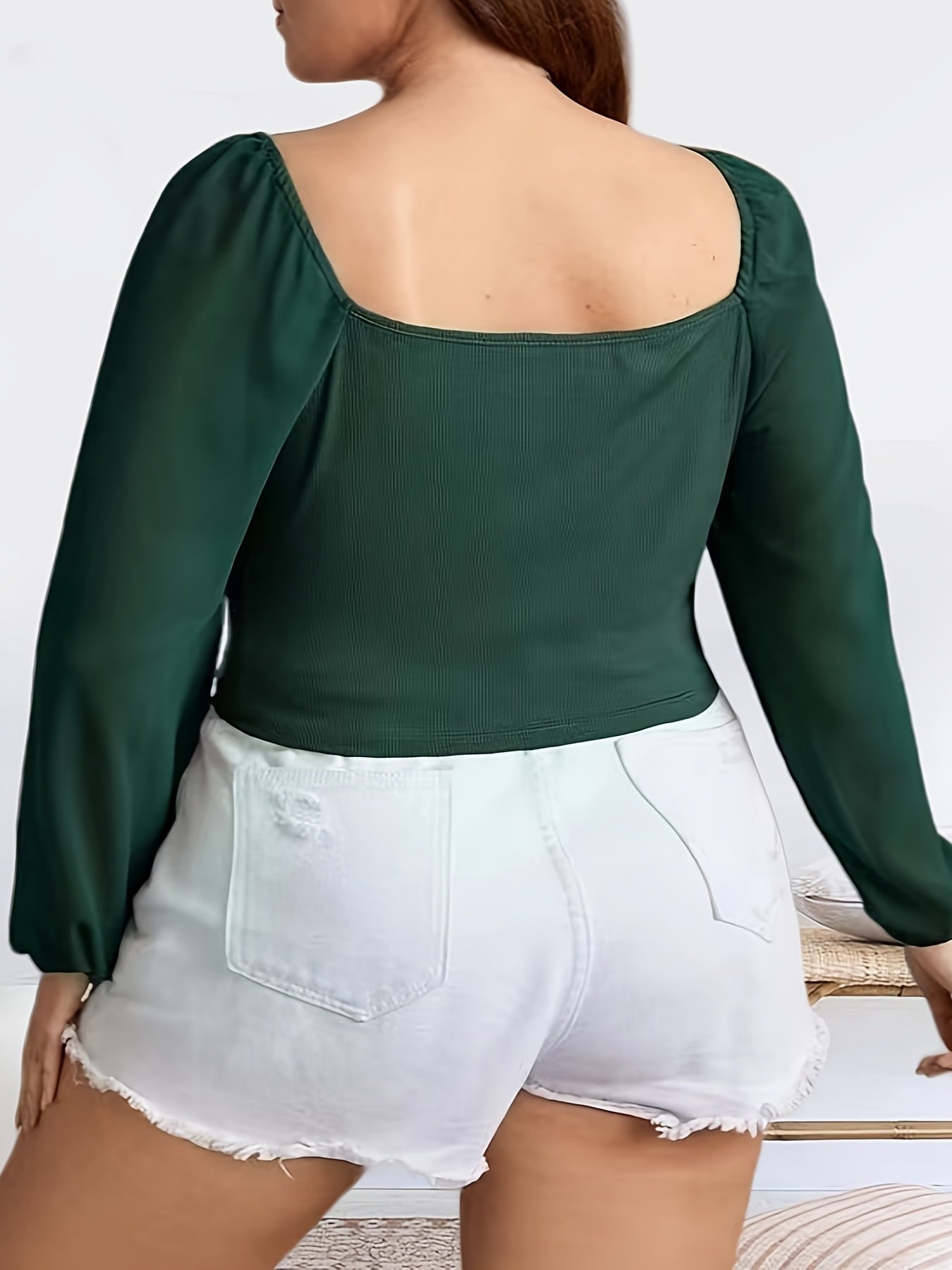  Solid Ribbed Drawstring Ruched Lantern Sleeve Crop Top