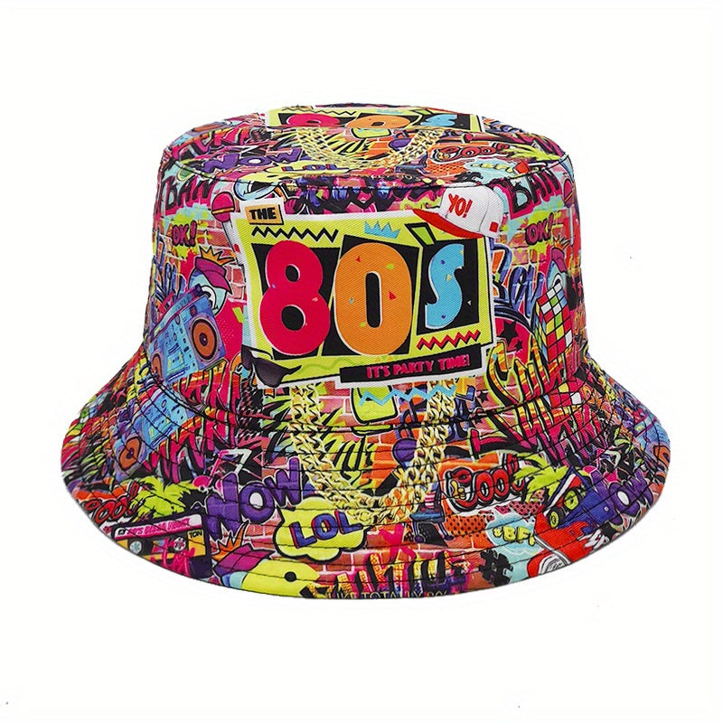 Retro 90S Print Bucket Hat Magnetic Strap Sun Hat Beach Basin Hat