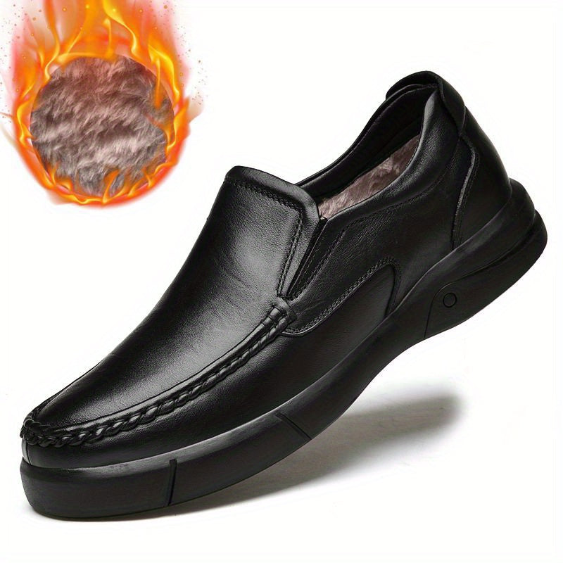 Men's No Tie Leather Loafers Warm Slip-On Shoes