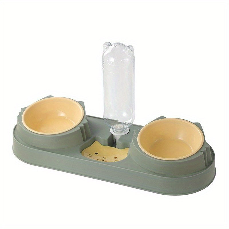 Cat Double Bowls w/ Gravity Water Bottle 3-In-1