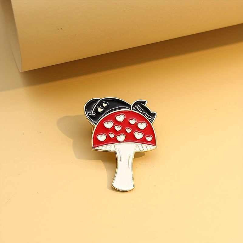 Cat Red Heart Mushroom Brooch