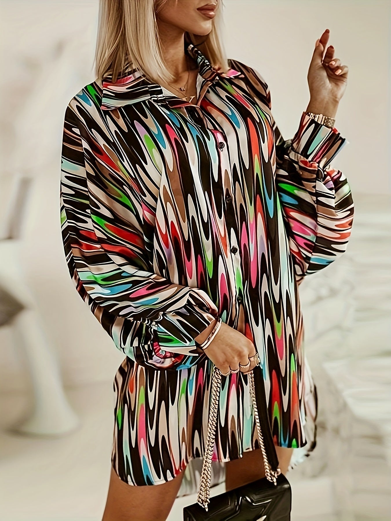  Colorblock Allover Print Button Up Long Sleeve Blouse