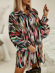 Colorblock Allover Print Button Up Long Sleeve Blouse