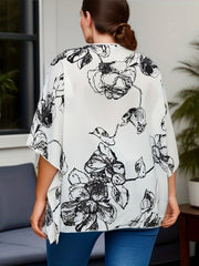  Floral Print Bat Sleeve V Neck Top