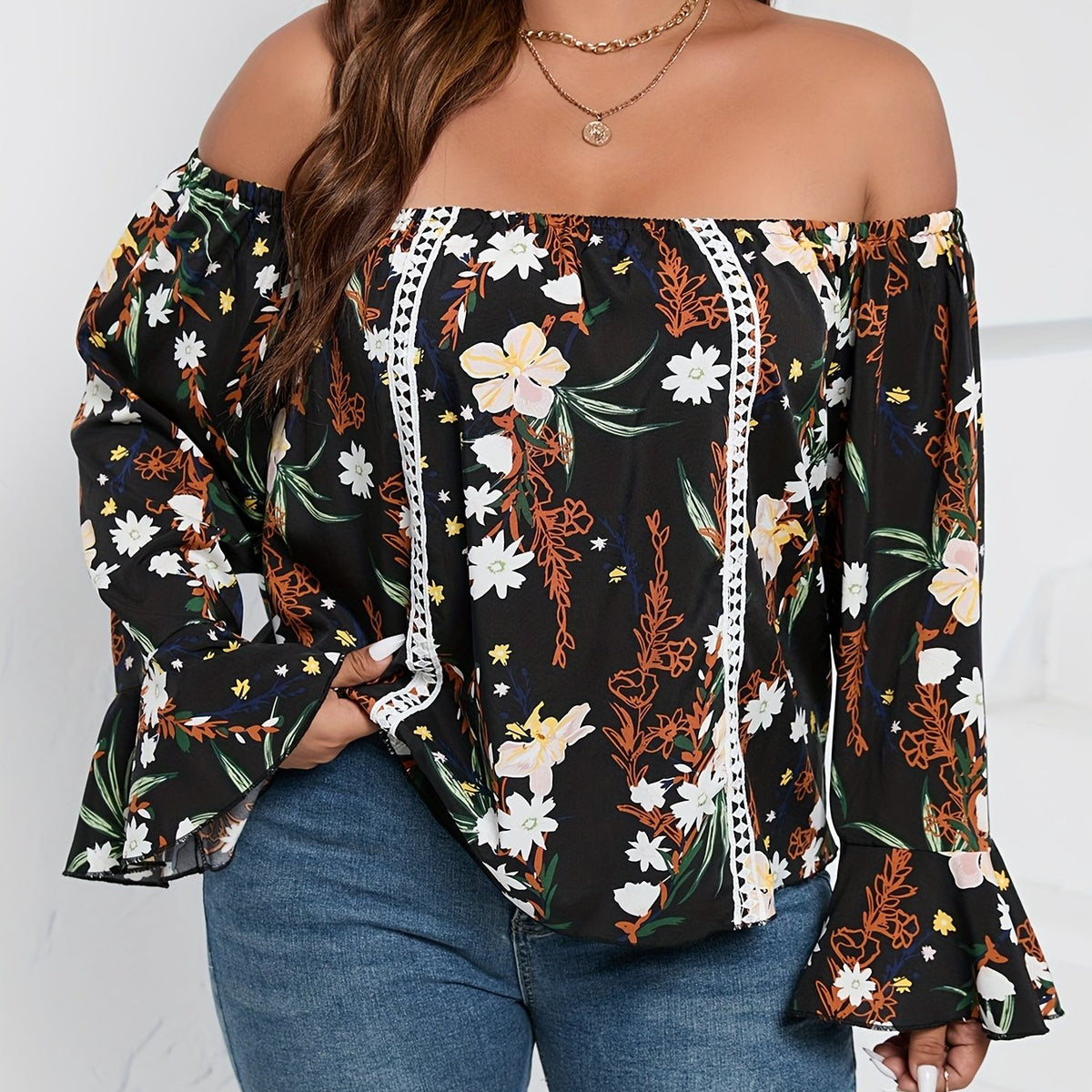  Blouse Women's Plus Floral Print Off Shoulder Bell Sleeve Shirt Top