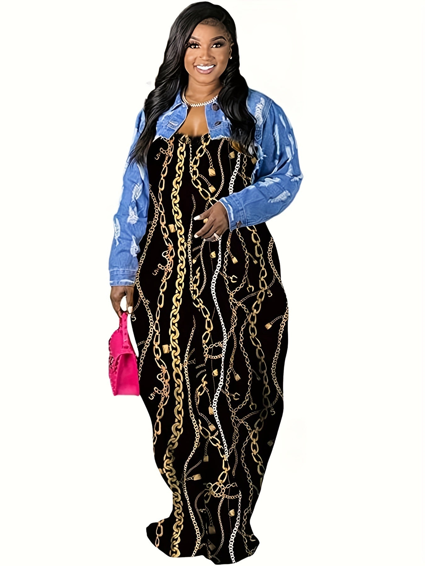  Women's Chain Print V Neck Stretch Maxi Dress