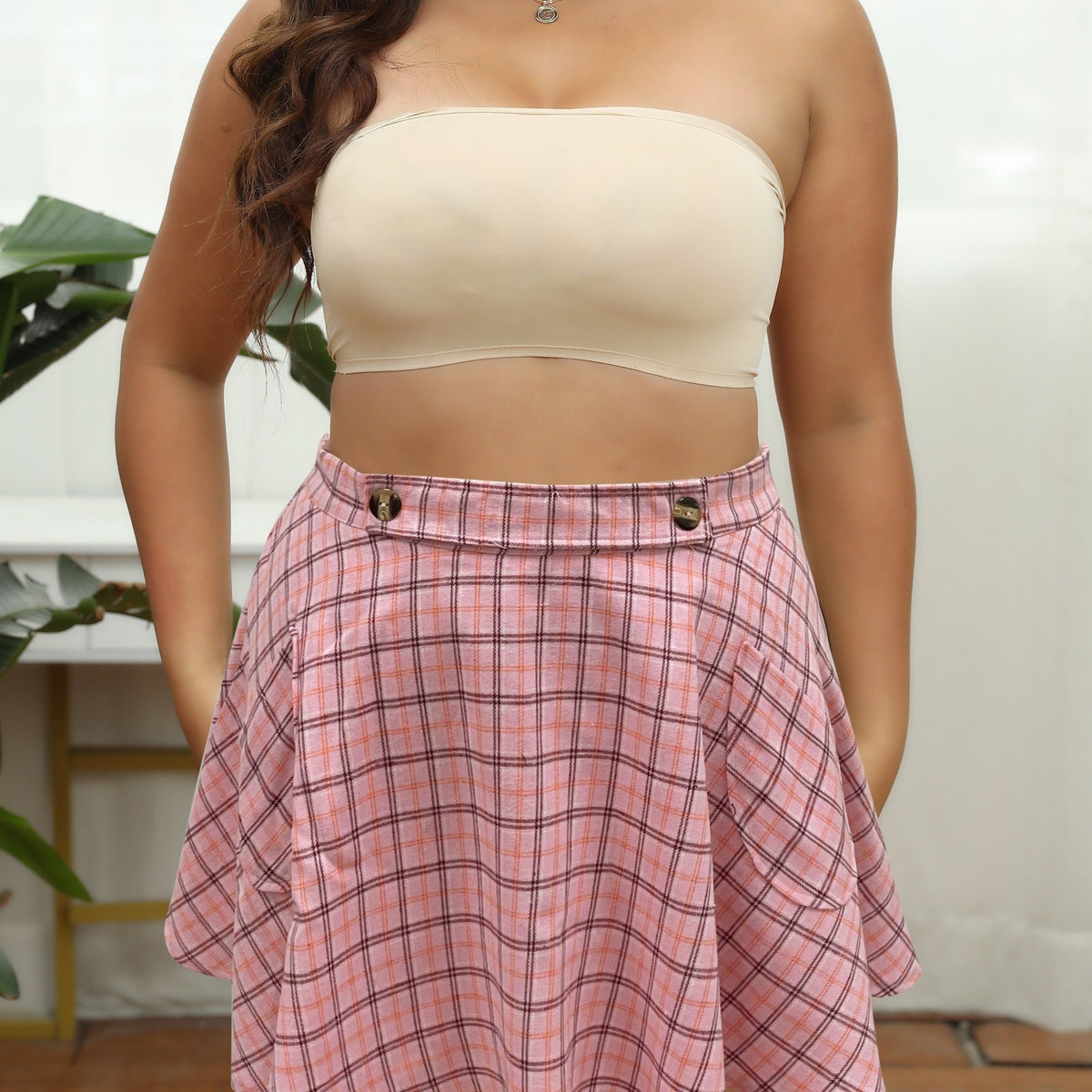  Grid Print A-line Mini Skirt
