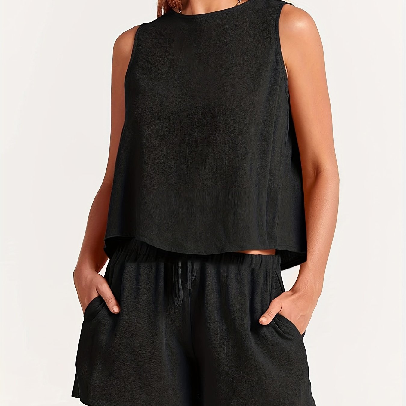  Solid Tank Top & Drawstring Shorts Set