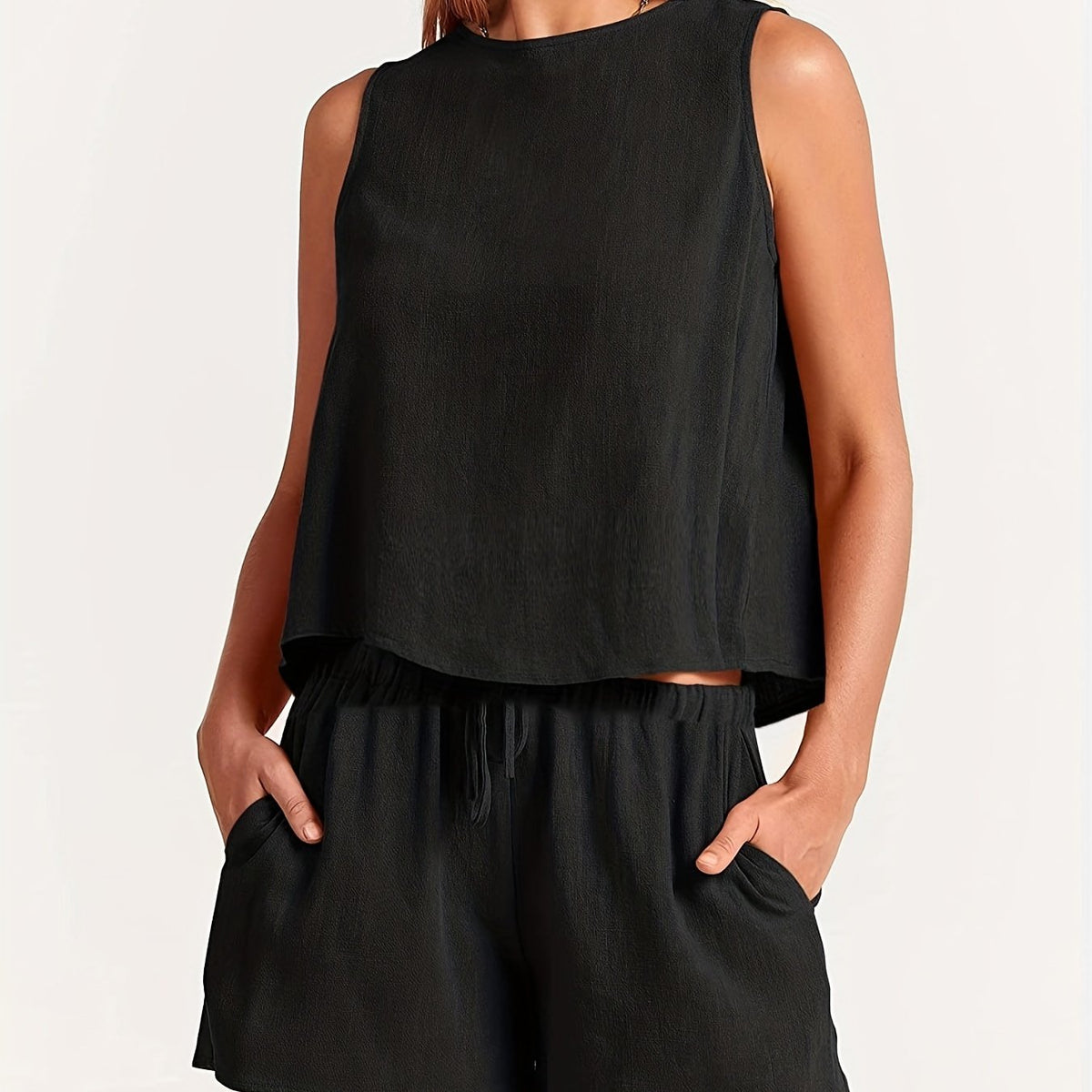  Solid Tank Top & Drawstring Shorts Set