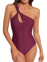 Burgundy One Shoulder One Piece Swimsuit