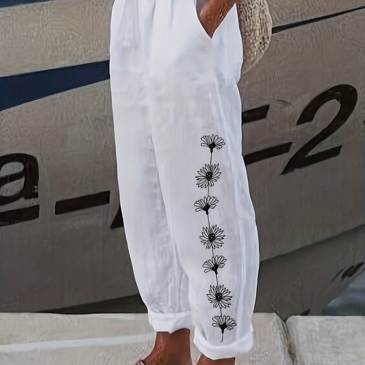  Floral Print Button Decor Elastic Pants