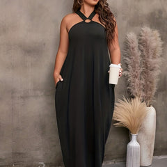  Solid Ring Criss Cross Maxi Dress with Pockets