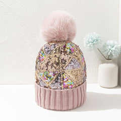 Sequin Pompom Beanie Warm Plush Knit Hat Soft & Comfortable Elastic Hats