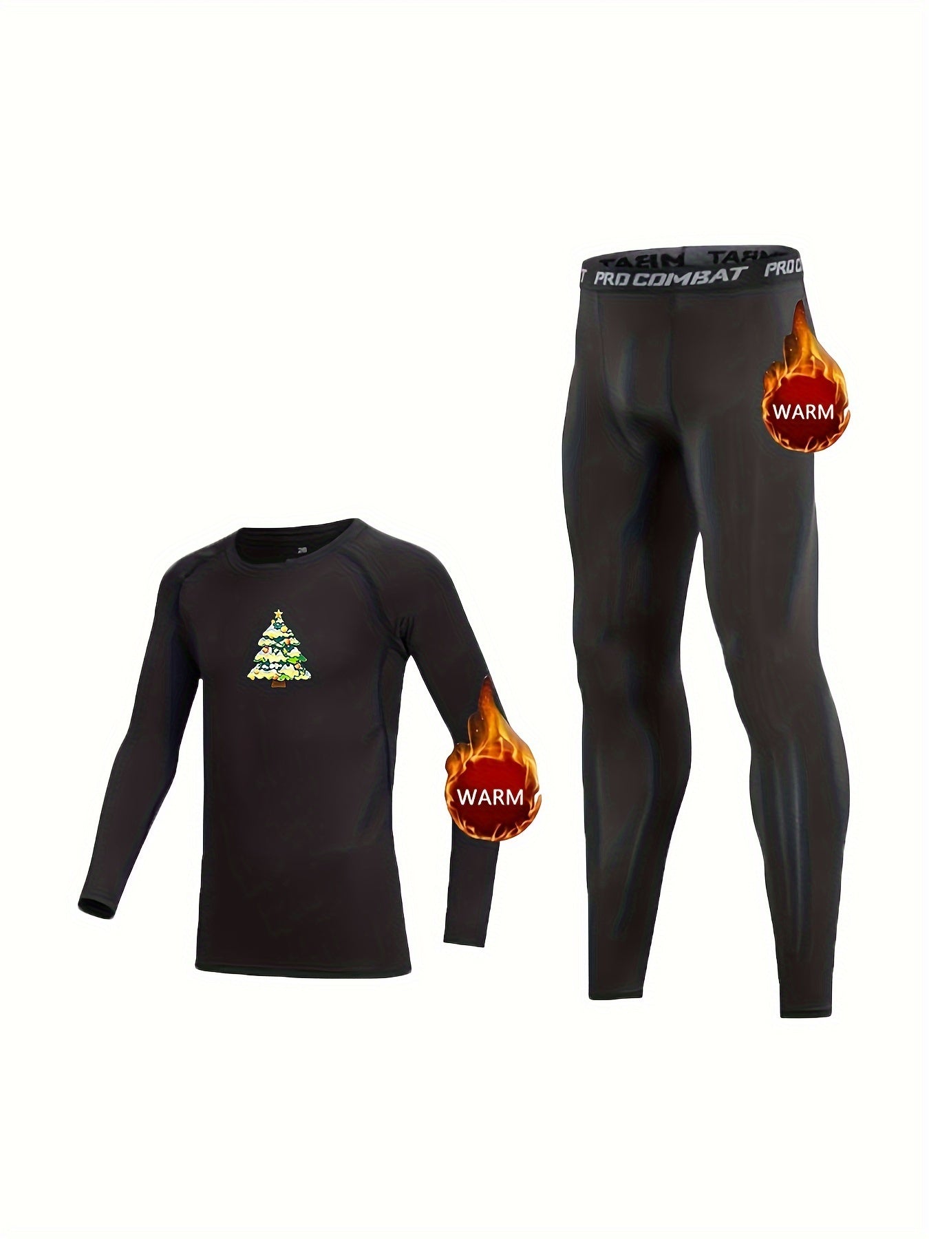 Kids Christmas Tree Print Fleece Lined Base Layer Set