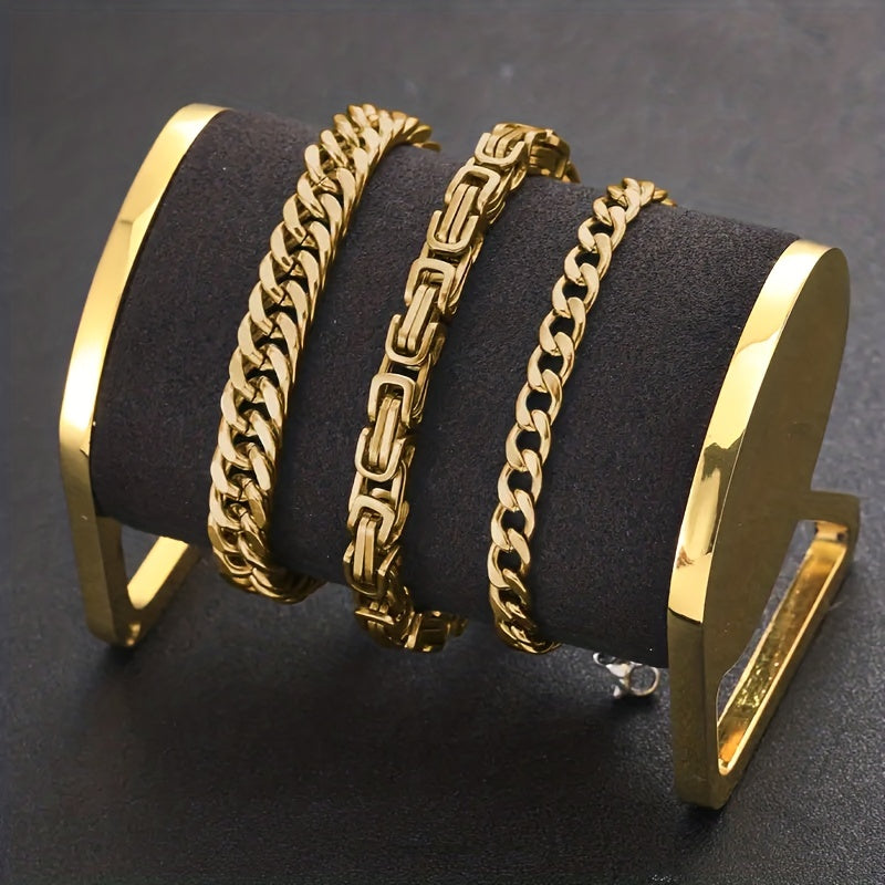 3pcs Silvery Stainless Steel Minimalist Cuban Chain Bracelet Set