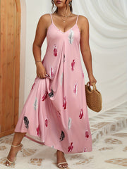  Feather Print V Neck Stretch Maxi Dress