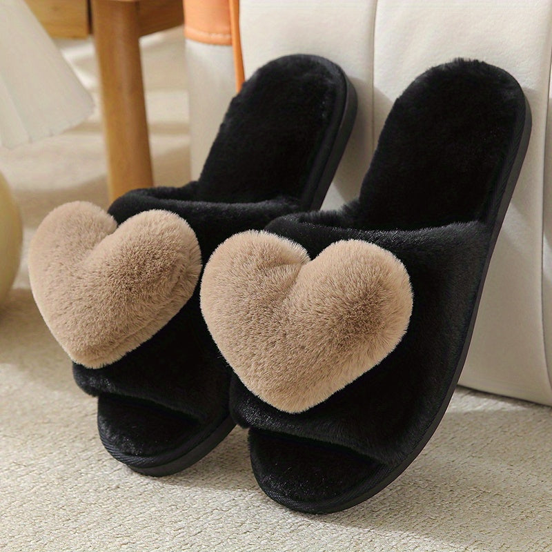 Plush Lined Heart Decor Slippers, Open Toe, Comfortable Indoor Shoes