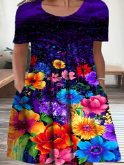  Floral Print Short Sleeve Dress With Pockets