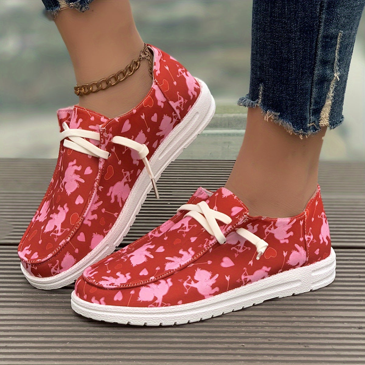 Women's Skateboard Shoes Cupid & Love Pattern Flat Lace-up Canvas