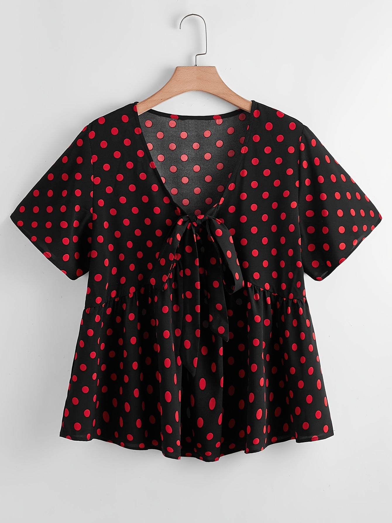  Dot Print Short Sleeve Peplum Shirt Top