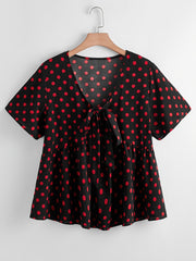  Dot Print Short Sleeve Peplum Shirt Top