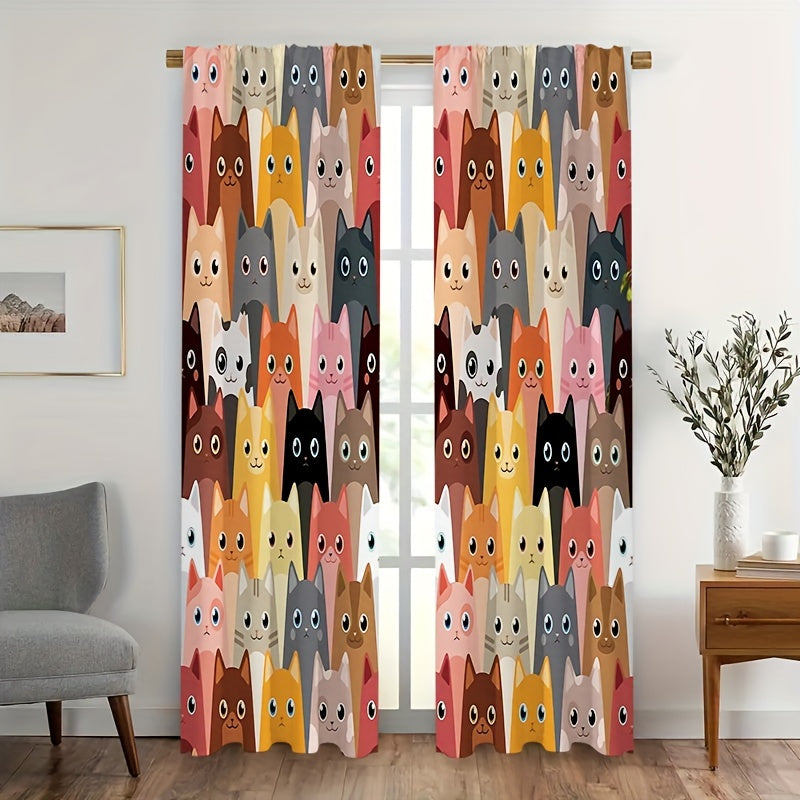 Cat Animal Printed Semi Blackout Curtains for Living Room