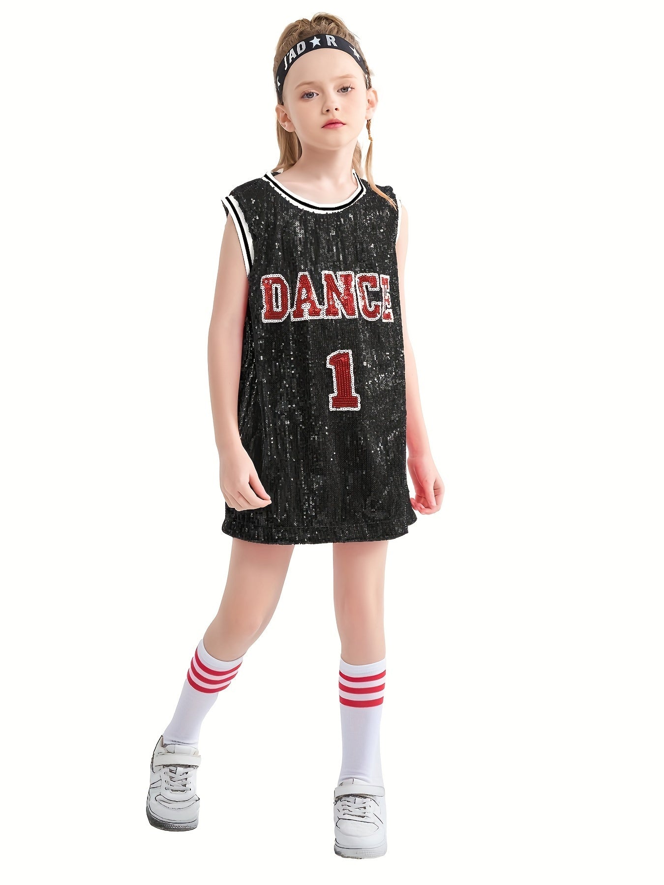 Girls Sequin Sleeveless T shirt Dress Socks Set For Dance Performance