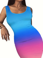  Colorblock Ombre Print Tank Dress