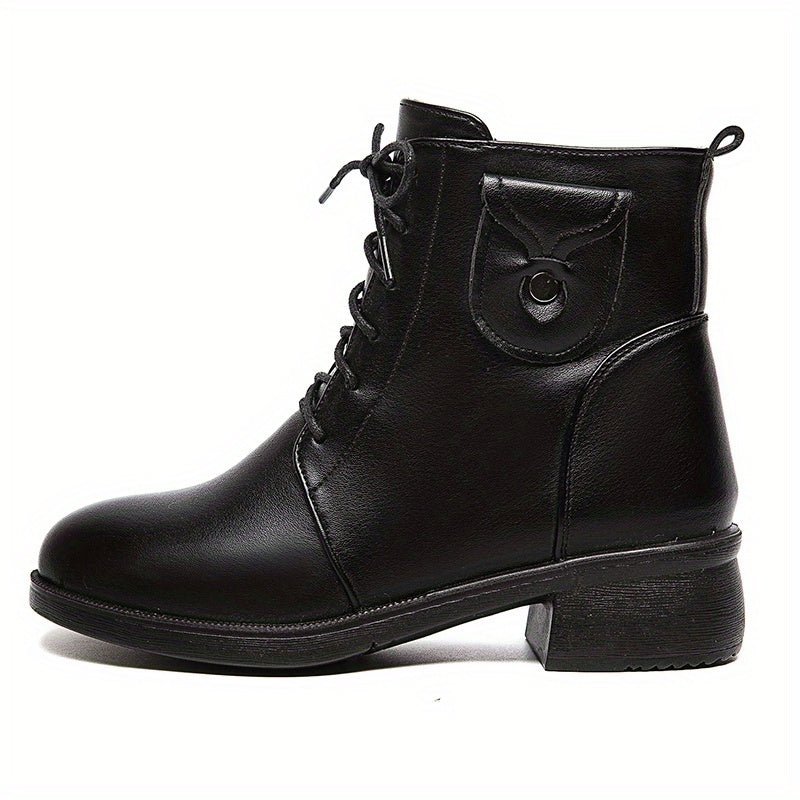Women's Side Zipper Boots Round Toe Lace Up Shoes Solid Boots