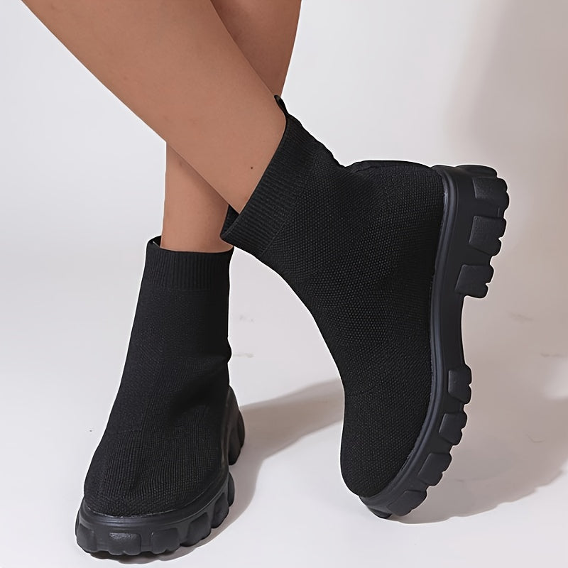 Women's Knitted Ankle Boots Solid Round Toe Slip on Boots