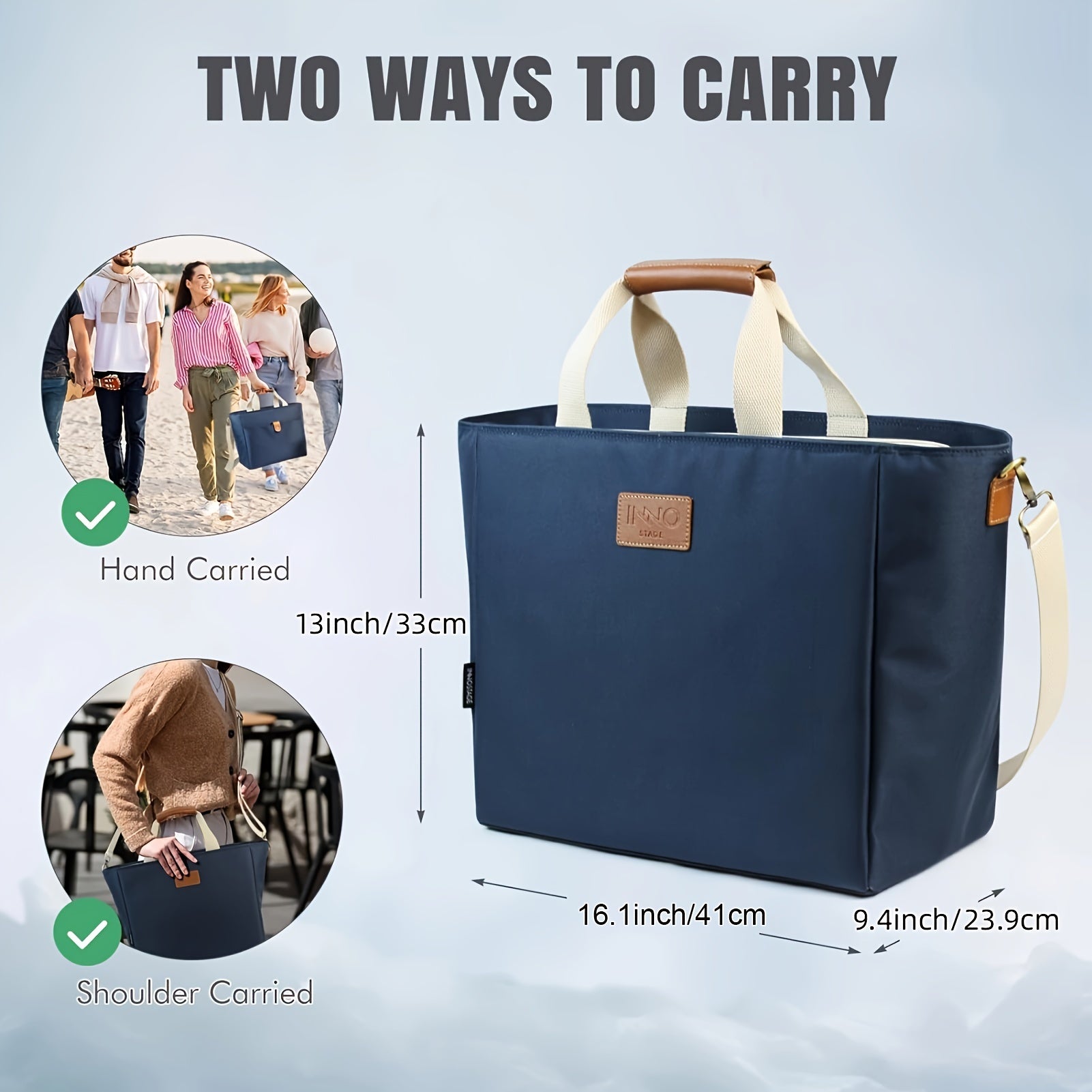 40L Insulated Picnic Cooler Tote Bag Navy Faux Leather Handles
