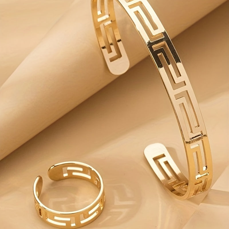 18K Plated Jewelry Set: Cuff Bangle Bracelet & Finger Ring Mother's Gift