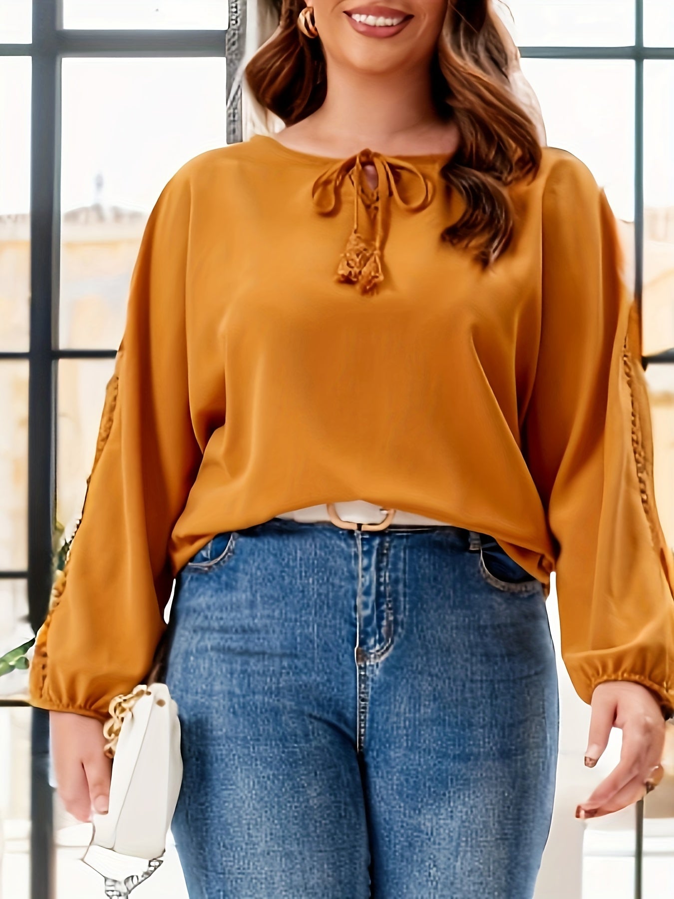  Casual Blouse Women's Plus Solid Contrast Lace Round Neck Lantern Slee