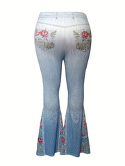  Denim Print Floral Panel Flare Pants