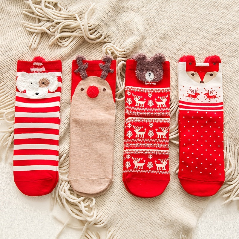 Christmas Ankle Socks: Cartoon Animal & Christmas Print Women's Stockings