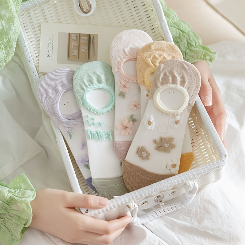 5 Pairs Small Flower Sheer Crew Socks Lightweight Breathable Boat Stockings