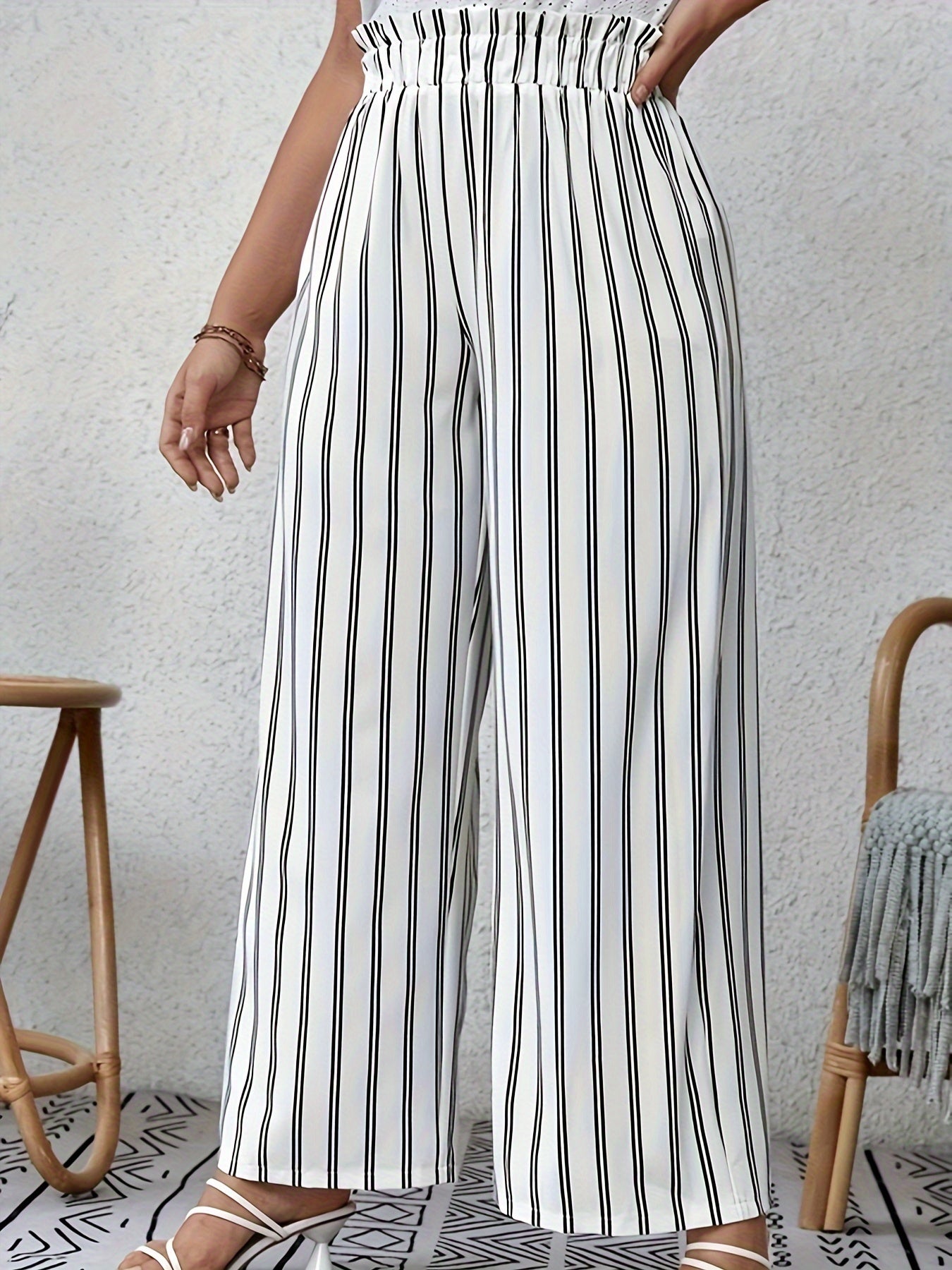  Stripe Print Paperbag Waist Wide Leg Trousers