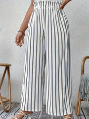  Stripe Print Paperbag Waist Wide Leg Trousers