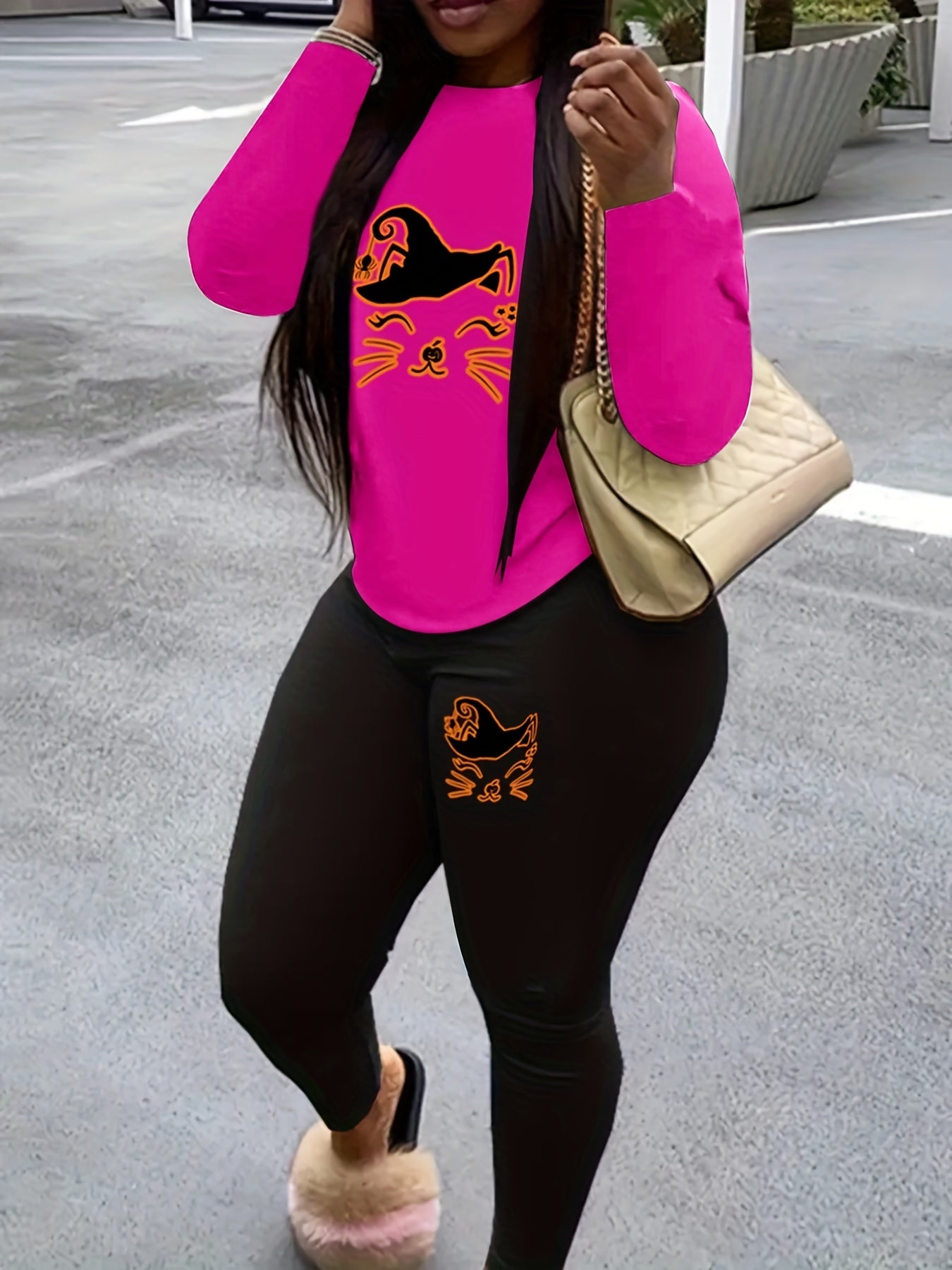 Halloween 2pcs Set Women's Plus Graphic Print Tee & Leggings Set