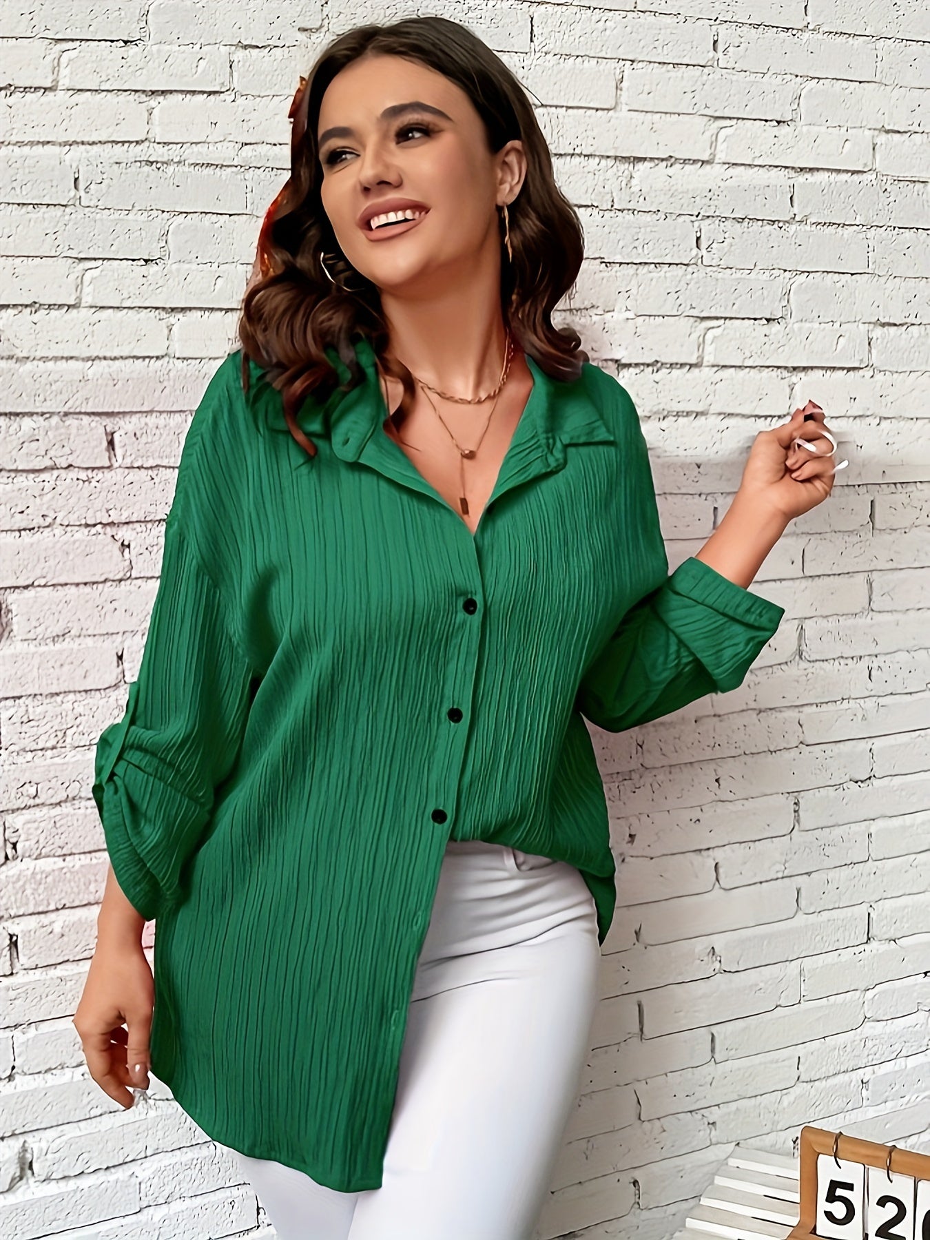  Solid Crinkle Button Up Long Sleeve Blouse