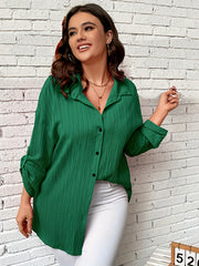  Solid Crinkle Button Up Long Sleeve Blouse