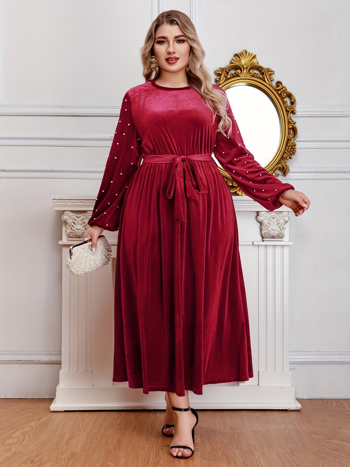  Velvet Maxi Dress with Lantern Sleeves and Belt