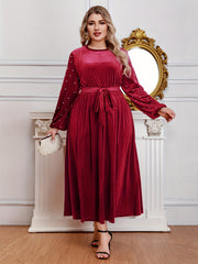  Velvet Maxi Dress with Lantern Sleeves and Belt