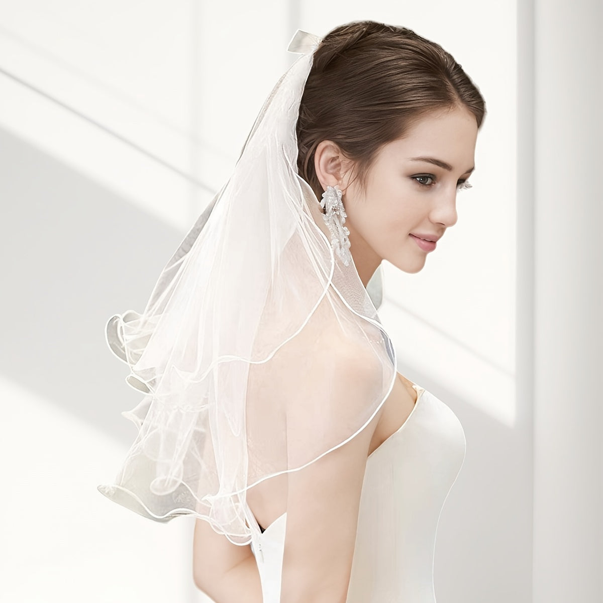 Women'S Double Layered Bow Headscarf Sheer Veil Wedding