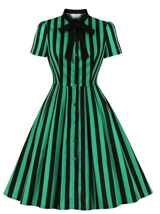  Stripe Print Button Up Short Sleeve Dress