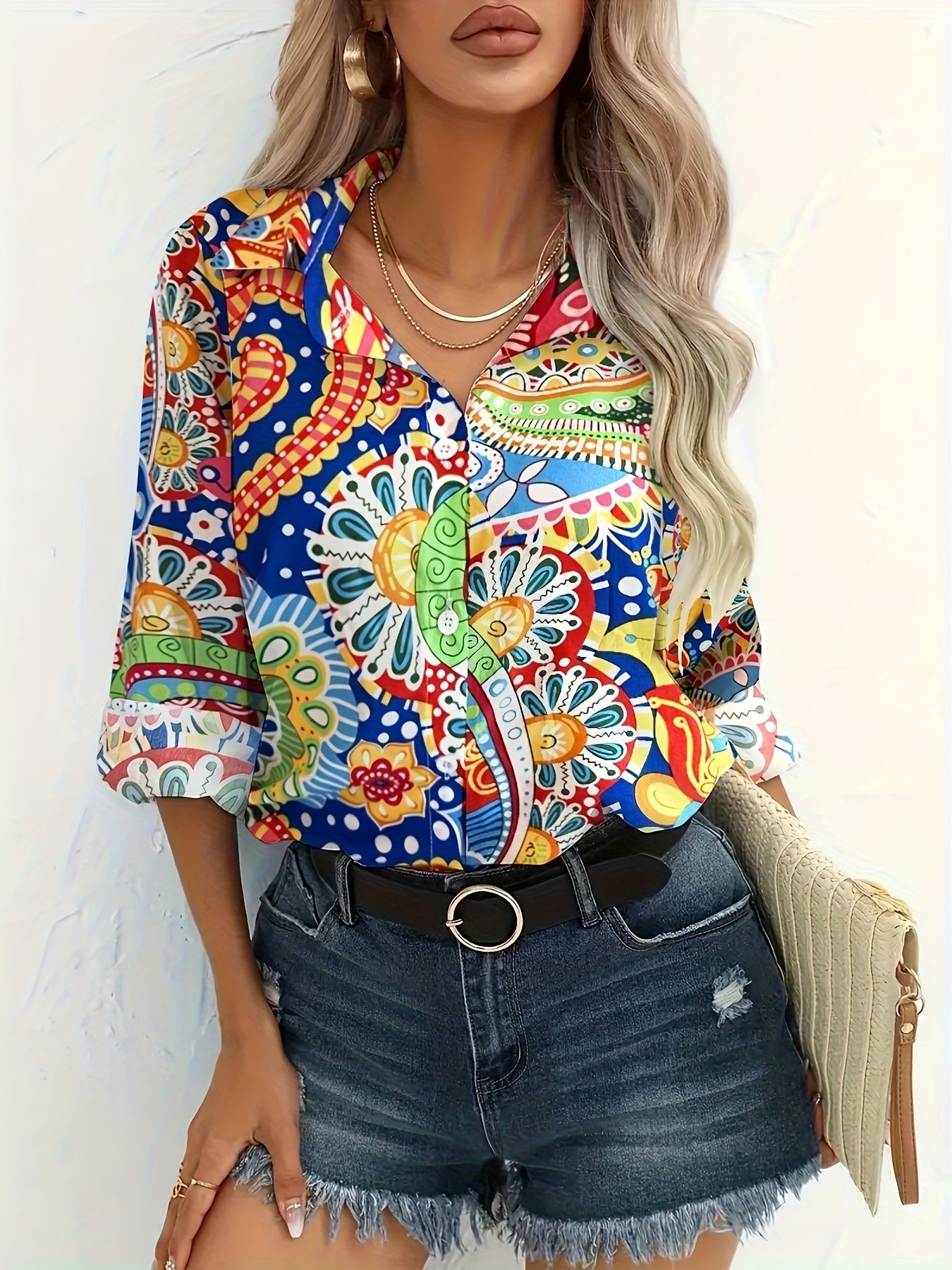  Boho Blouse Women's Floral Print Button Up Long Sleeve