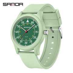 Sanda Unisex Quartz Watch Green Dial Red Hands Stainless Steel Case